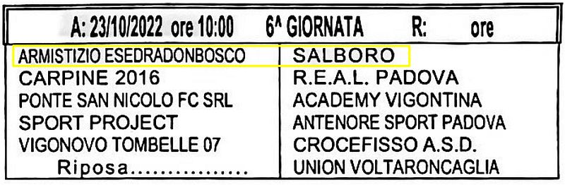 6^ Giornata Armistizio Esedra don Bosco Padova Giovanissimi Provinciali U15 Girone C SS 2022